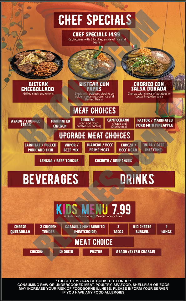 Chef Specials & Kids menu page