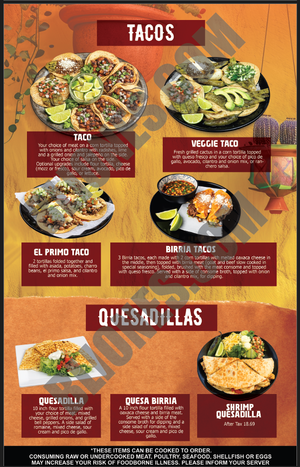 Tacos & Quesadillas menu page