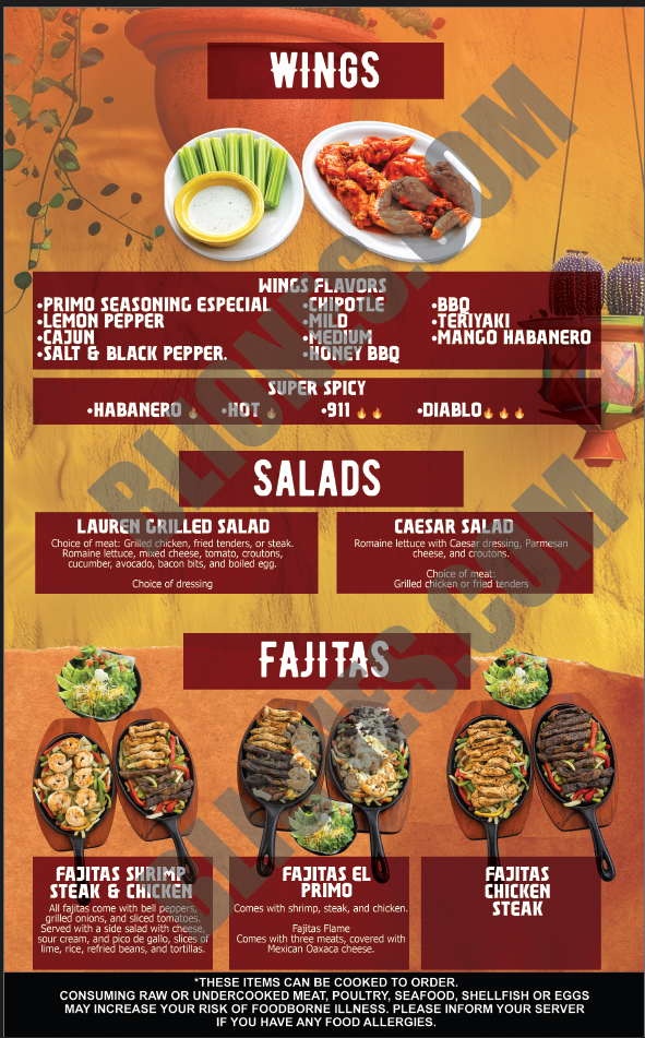 Wings, Salads & Fajitas menu page